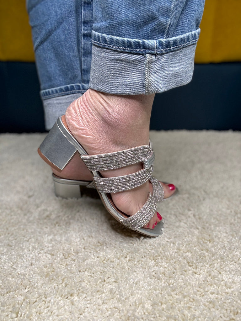 Bibi Lou Silver Block Heel Mule