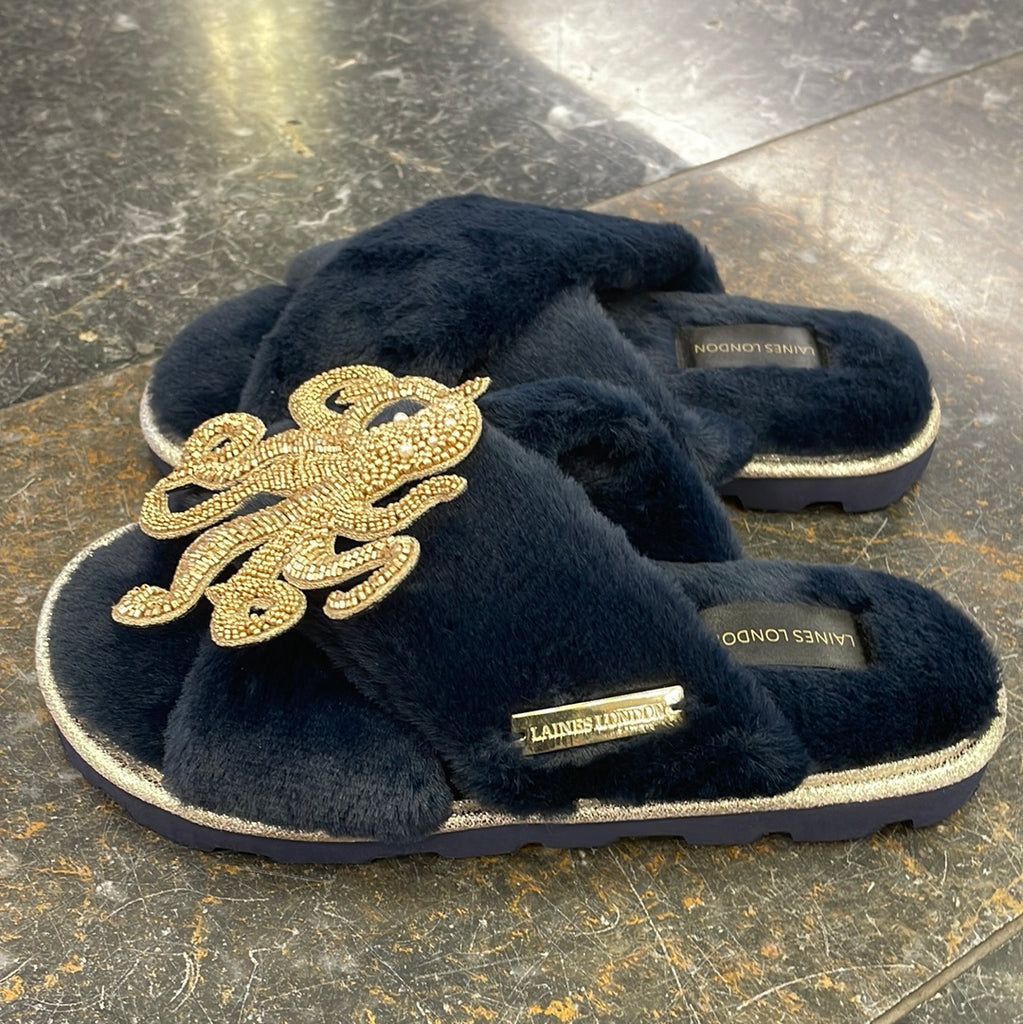 Laines London Navy Octopus Slippers