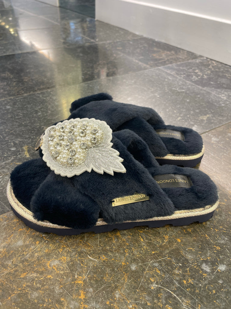Laines London Navy Pearl Heart Slippers